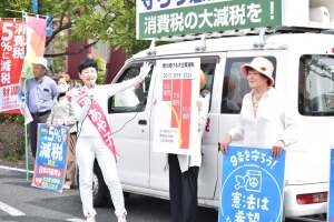 パネルを使って宣伝する平候補